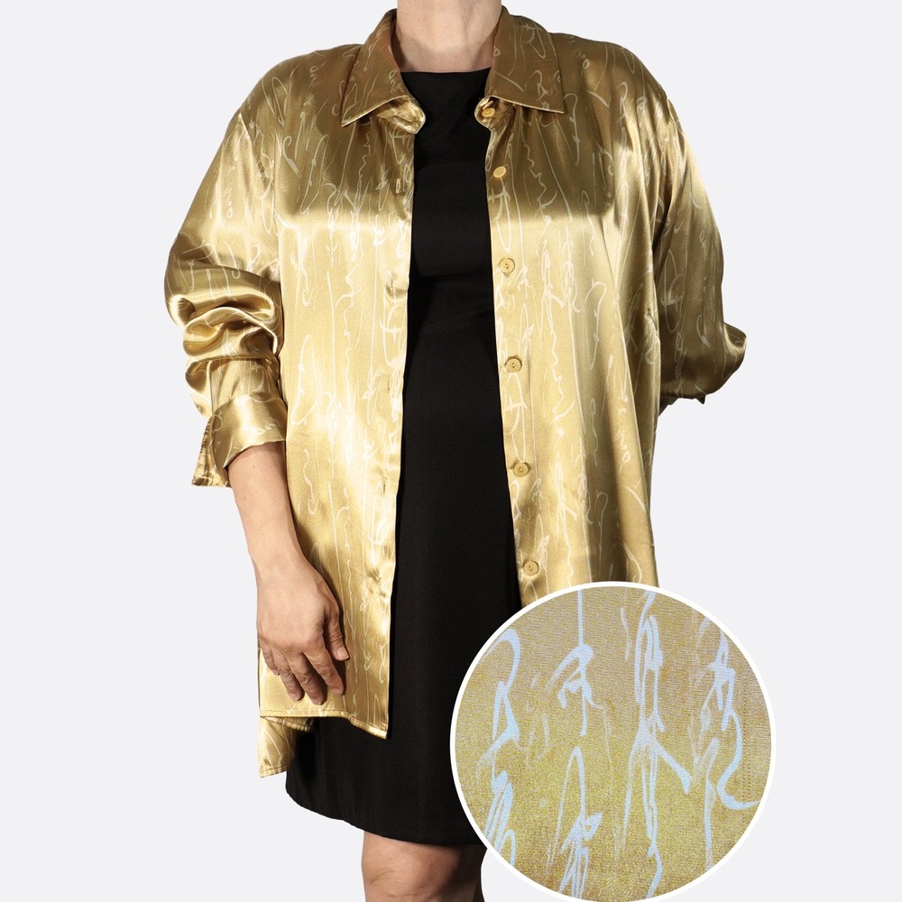 Ashley Stewart Vintage Top 3X Gold Satin Abstract Button Up Shirt Tall Friendly